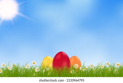 Happy Easter vector illustration. Colorful eggs with spring flowers on blue sky background