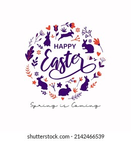 Happy Easter vector illustration concept with flowers and rabbits ornament pattern design. Easter postcard graphic design in modern trendy color style.