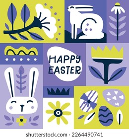 Feliz concepto de ilustración vectorial de Pascua con conejito, huevos y flores. Gráfico de estilo moderno. Perfecto para un post en medios sociales, diseño de caza de huevos, póster, portada o postal.
