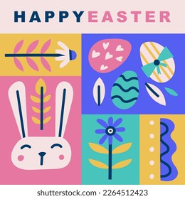 Concepto de ilustración vector Happy Easter. Gráfico de estilo moderno con conejito, flores y huevos. Perfecto para un post en medios sociales, afiche, portada o postal.
