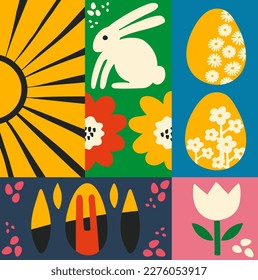 Happy Easter vector illustration concept. Modern style graphic with bunny, flowers and eggs. Perfect for a social media post, poster, cover or postcard.