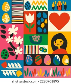 Happy Easter vector illustration concept. Modern style graphic with bunny, flowers and eggs. Perfect for a social media post, poster, cover or postcard.