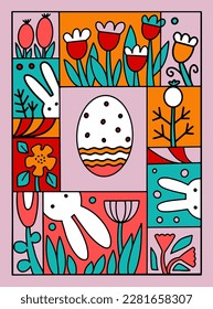 Happy Easter vector illustration concept with bunny, egg and flowers. Modern style graphic. Perfect for a social media post, egg hunt design, poster, cover or postcard.