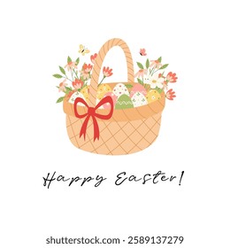 Happy Easter vector illustration concept basket, eggs and flowers. Modern style graphic. Perfect for a social media post, egg hunt design, poster, cover or postcard