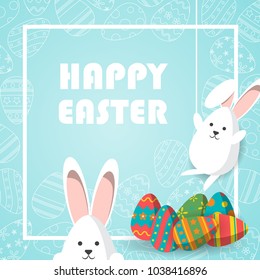 Happy Easter vector illustration, Cute white rabbit hanging on the rope and hanging down the bottom and Colorful eggs with eggs line icon on blue background and white square frame