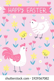 Happy Easter! Vector illustration of cute hen, rooster and chickens in a flower field. Colorful card, banner or poster design for the Easter holiday. Trendy cartoon style.