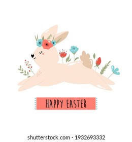 Happy Easter vector illustration with cute rabbit and flowers. Holiday composition.