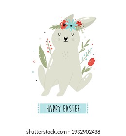 Happy Easter vector illustration with cute rabbit and flowers. Holiday composition.