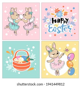 Happy easter vector illustration with cute bunnies, basket, easter eggs collection. Spring cards. Funny rabbits