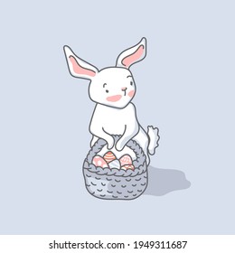 Happy easter. Vector illustration of a cute bunny with a basket of eggs.