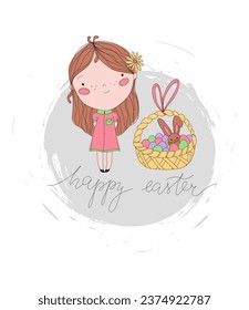 happy easter vector illustration cute girl easter basket, easter eggs, easter bunny, calligraphy lettering, kids spring greeting card t-shirt design, line art child cartoon character gift holiday card