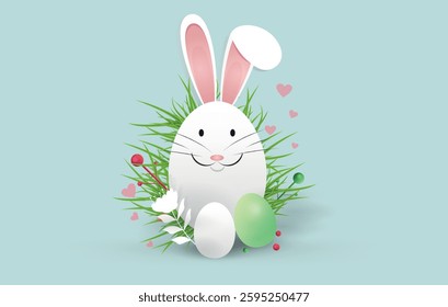 Happy Easter Vector Illustration. Cute Easter Bunny with Eggs and Spring Grass. Vector