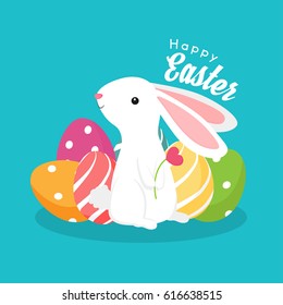 Happy Easter vector illustration, Cute bunny holding flower with Colorful Easter eggs.