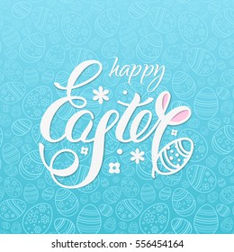 Imagen del vector Happy Easter para el diseño de carteles y carteles sobre el fondo azul con letras, patrón transparente de huevos ornamentales y orejas de conejo