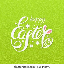 Happy Easter vector illustration for design flyers and postcards on the green background with text, seamless pattern of ornamental eggs and bunny ears