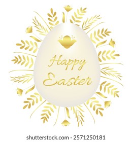 Happy Easter. Vector illustration with egg, flowers, leaves in gold for greeting cards, gift decoration, invitations