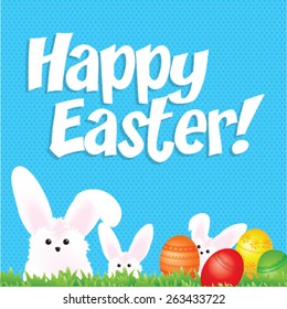 Happy Easter Vector Illustration. with easter eggs, easter bunny, easter rabbit and font.