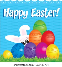 Happy Easter Vector Illustration. with easter eggs, easter bunny, easter rabbit and font.