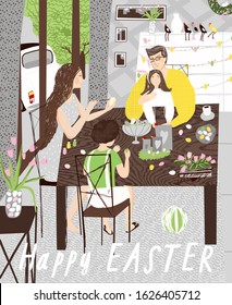 Happy easter! Vector illustration of a family at the holiday table, decorate and color eggs for Easter. Drawing for postcard, card or poster.
 
