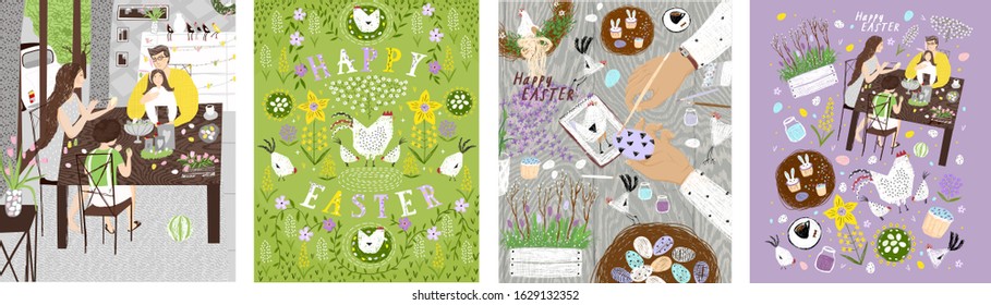 Happy easter! Vector illustration of a family decorating eggs at home in the room, a table with hands, paints, Easter cake and a festive floral background with hens and chickens. Drawings for poster.