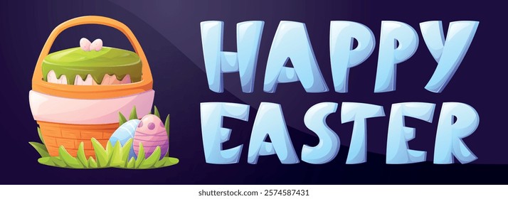 Happy Easter vector Illustration with Festive Basket and Decorative Eggs. Bright holiday design featuring a colorful basket and lettering, ideal for greeting cards, banners, and seasonal projects