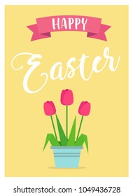 Happy Easter - vector illustration in flat style with lettering and tulips in pot. Greeting card design template