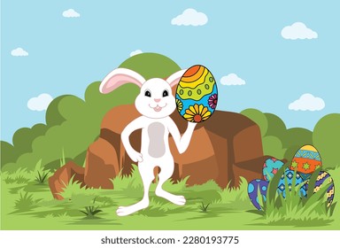 Happy Easter vector illustration. flat Illustration of Easter bunny, beautiful painted eggs and green background . Concept of Easter egg hunt