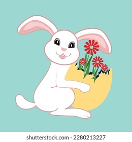 Happy Easter vector illustration. flat Illustration of Easter bunny rabbit, beautiful painted eggs andflowers. Concept of Easter egg hunt