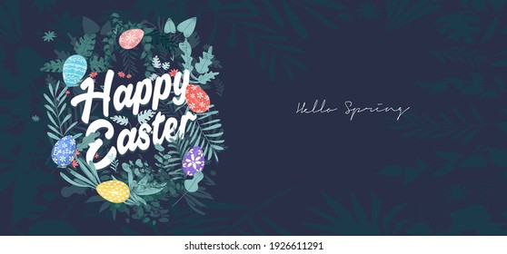 Happy Easter. Vector, Easter illustration. Flowers, Easter eggs, rabbit. Spring flower illustration. Perfect for a poster, cover, or postcard.