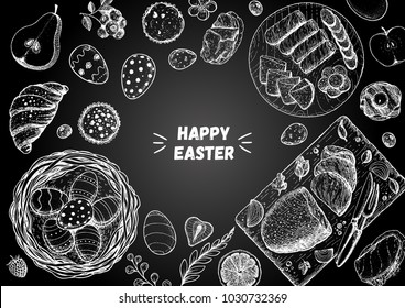 Happy Easter vector illustration. Food hand drawn sketch. Festive table with Easter food. Engraved illustration. Vintage menu set.