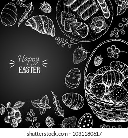 Happy Easter vector illustration. Food hand drawn sketch. Festive collection with Easter food. Engraved illustration. Vintage menu set.