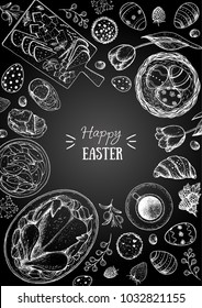 Happy Easter vector illustration. Food hand drawn sketch. Festive table with Easter food. Engraved illustration. Vintage menu set.
