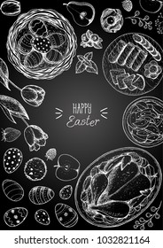 Happy Easter vector illustration. Food hand drawn sketch. Festive table with Easter food. Engraved illustration. Vintage menu set.