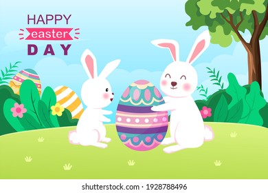 Happy Easter Vector Illustration. Funny rabbit with easter eggs
