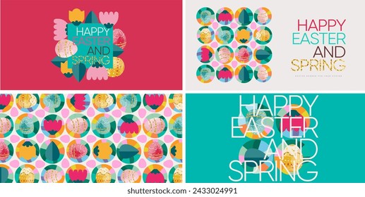 Happy easter! Vector illustration of geometric modern trendy abstract pattern, easter eggs, background, flowers and leaves for poster, flyer, greeting card or horizontal banner