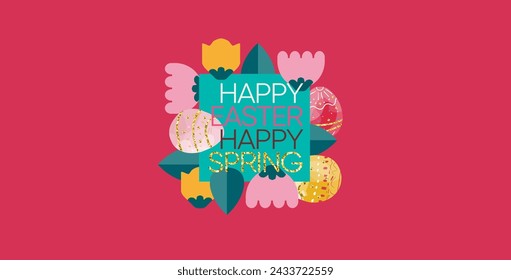 Happy easter! Vector illustration of geometric modern trendy abstract logo, sign or icon , easter eggs,  flowers and leaves for banner, flyer, greeting card 