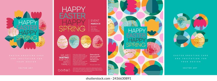 Happy easter! Vector illustration of geometric modern trendy abstract pattern, easter eggs, background, flowers and leaves for poster, flyer, greeting card or invitation