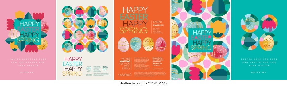 Happy easter! Vector illustration of geometric modern trendy abstract pattern, easter eggs, background, flowers and leaves for poster, flyer, greeting card or invitation