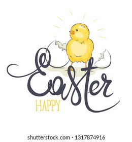 Happy Easter / Vector illustration, Greeting Card with Chick