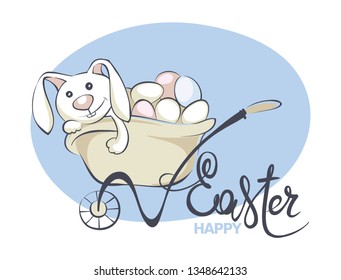 Happy Easter / Vector illustration, Greeting Card with a rabbit and eggs in a garden wheelbarrow