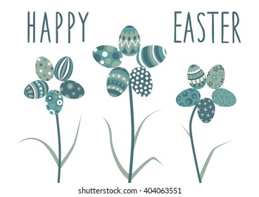 happy Easter vector illustration greeting card with flowers made of easter eggs - blue tones