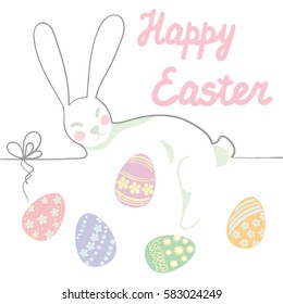 Happy easter. Vector illustration.  Greeting card. Easter eggs and bunny. Cute bunny holding egg.