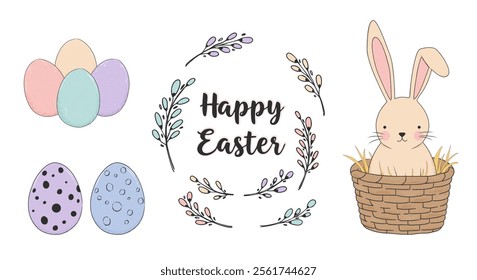 Happy Easter vector illustration. Hand Drawn sketches Pastel color Easter Eggs, Bunny and Spring Flower. Doodle style Hand drawn easter bunny, easter eggs, spring flowers, basket, nest with eggs