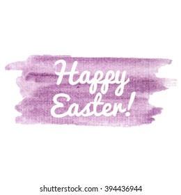 Happy Easter vector illustration hand drawn icon, written text on watercolor violet pink background.