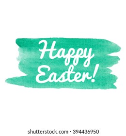 Happy Easter vector illustration hand drawn icon, written text on watercolor green background.