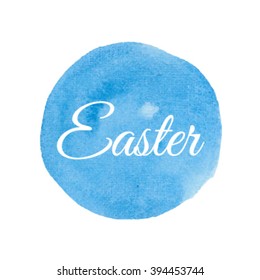 Happy Easter vector illustration hand drawn circle icon, written text on watercolor blue background.