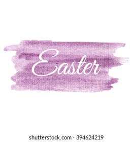 Happy Easter vector illustration hand drawn icon, written text on watercolor violet pink background.