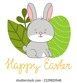 Feliz ilustración vectorial de Pascua, letras escritas a mano. Carácter de Conejo Cuto, huevos, hojas, flores. Para papel y tela, medios sociales, marketing en línea.

