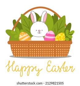 Fröhliche Ostervektorgrafik, handgeschriebene Schrift. Cute Rabbit Charakter, Eier, Blätter, Blumen. Für Papier und Gewebe, Social Media, Online-Marketing.
