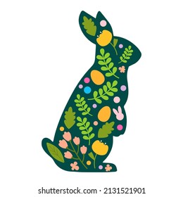 Happy Easter vector illustration, handwritten lettering. Cute Rabbit character, eggs, leafes, flowers. For paper and fabric, Social media, online marketing.
